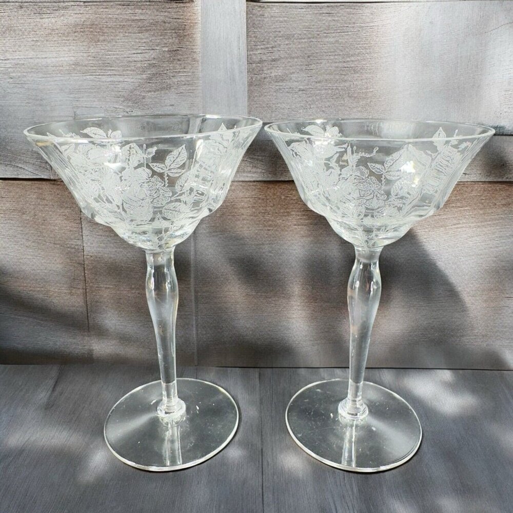 Morgantown‎ American Glass Goblet Cups Set 2 Clear Rose Flower Etched Pattern